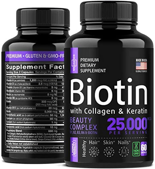 Biotin Capsules with Collagen and Keratin - 25000MCG per Serving - Biotin Vitamins for Hair, Skin and Nails - Premium Biotin Supplement for Hair Growth for Women and Men - Metabolism Support - 60 Caps