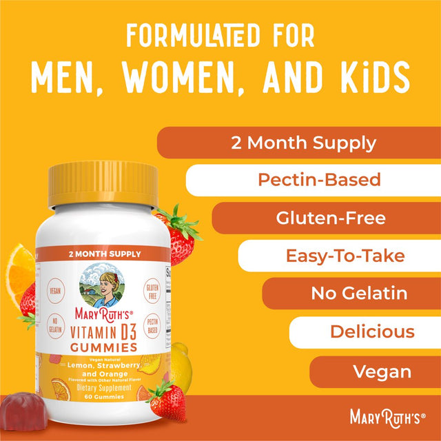 Maryruth Organics | Vitamin D3 Gummies for Adults & Kids | 2 Month Supply | Vitamin D Supplement for Bone Health | Vegan, Gluten Free | 60 Count