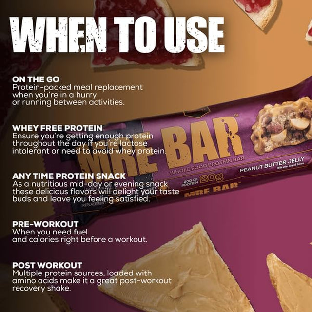 REDCON1 MRE Protein Bar, Crunchy Peanut Butter Cup - Contains MCT Oil + 20G of Whole Food Protein - Easily Digestible, Macro Balanced Low Sugar Meal Replacement Bar (12 Bars)