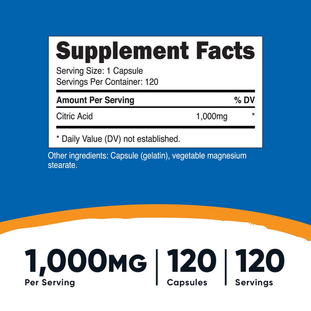 Nutricost Citric Acid 1000Mg (1 Gram), 120 Capsules - Gluten Free, Non-Gmo Supplement