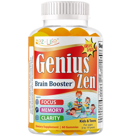 Genius Zen Brain Booster Supplement for Kids & Teens, Omega 3 Gummy Vitamins Brain Focus Vitamins, Concentration, Memory, Attention 60 Gummies