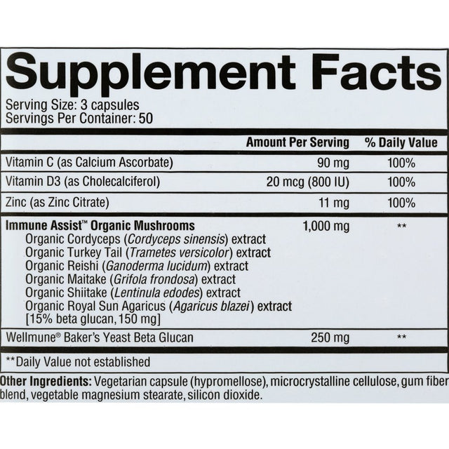 Youtheory Immune+ Daily Wellness- Organic Mushrooms- Beta Glucan- Vitamin C, D3 & Zinc 150 Vegetarian Caps