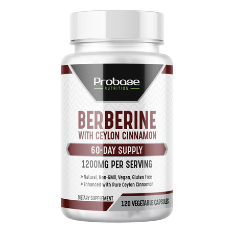 Probase Premium Berberine HCL 1200Mg, 120 Capsules - plus Ceylon Cinnamon Extract 10:1, Berberine HCI Root Supplements Pills - Supports Glucose Metabolism, Immune System, Healthy Weight Management