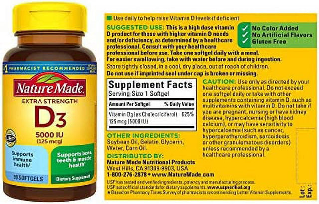 Nature Made Extra Strength Vitamin D3 5000 IU (125 Mcg), Dietary Supplement for Bone, Teeth, Muscle and Immune Health Support, 90 Softgels, 90 Day Supply 90 Count (Pack of 1)