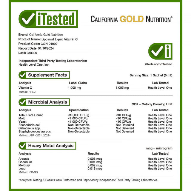 California Gold Nutrition Liposomal Liquid Vitamin C, Unflavored, 1,000 Mg, 30 Sachets