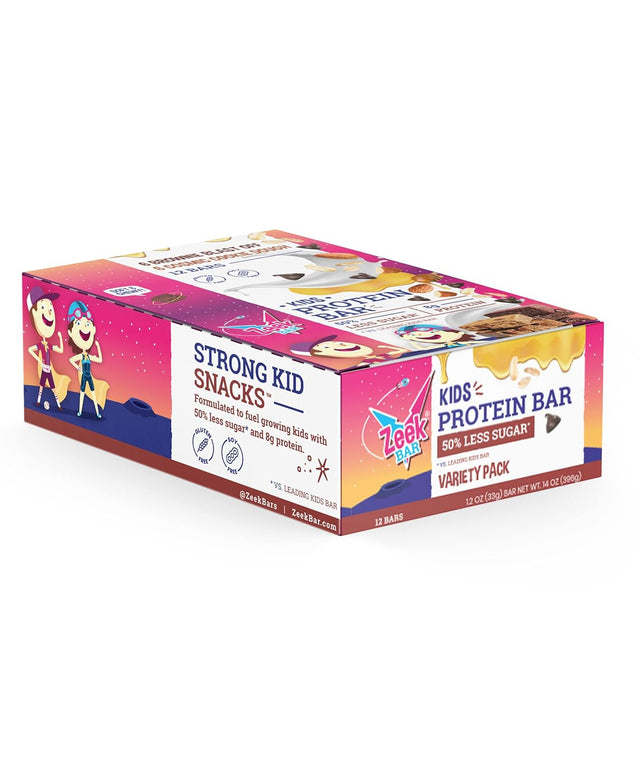 ZEEK BAR - Kids Protein Bars - 50% Less Sugar, 8G Protein - All Natural, Non-Gmo, Gluten Free - Variety, 12 Count