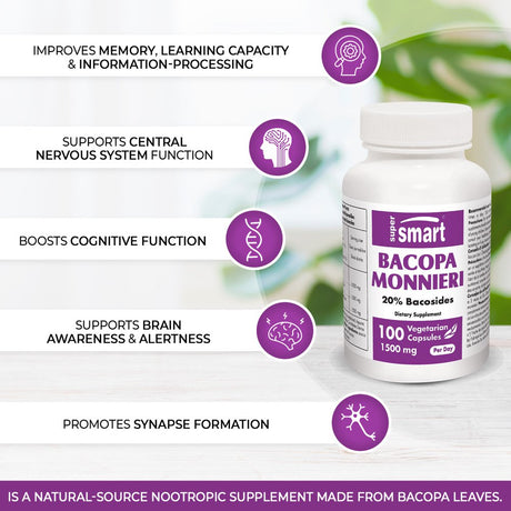 Supersmart - Bacopa Monnieri 1500 Mg per Day - Nootropic Brain Supplement - Focus & Memory Support | Non-Gmo & Gluten Free - 100 Vegetarian Capsules