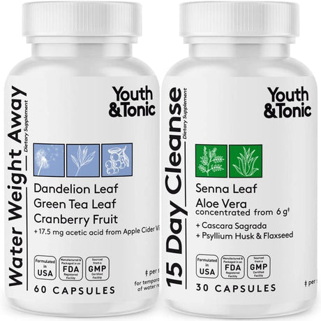 Youth & Tonic Water & Waste Away Pills for Belly Bloating and Swelling for a Thin Waistline & Slender Body as 2X Diet Support Supplements/Water Weigh Away + 15 Day Colon Cleanse 60 + 30 Capsules