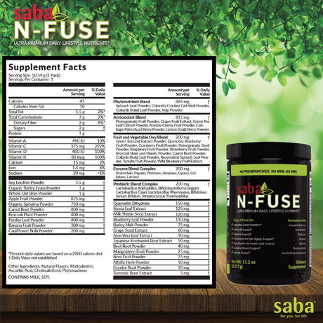 Saba N-Fuse-Supper Foods-Phytonutrients, Super Fruits, Pre & Probiotics, Enzymes, Adaptogens, Antioxidants-Eliminate Toxins, Gas. Provides Digestive Support, Boost, Immune System & Energy-30 Servings