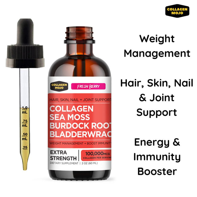 Liquid Collagen Peptides with Sea Moss, Burdock Root & Bladderwrack - High Potency/Absorption Formula. Hair, Skin, Nail + Joint Support. Weight Management & Immunity Booster – Collagen Mojo - 2 Oz.