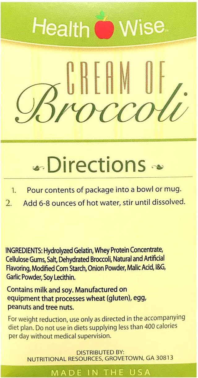 Healthwise Cream of Broccoli Soup For- Hunger Control - for Weight Loss- - Protein Supplement - (7 Packets of 0.81 Oz., Net 5.67 Oz.) - 15 Grams of Protein - 80 Calories