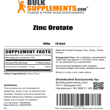 Bulksupplements.Com Zinc Orotate Powder - Zinc Supplements 15Mg - Zinc Powder - Zinc Vegan - Pure Zinc 15 - Elemental Zinc (100 Grams)