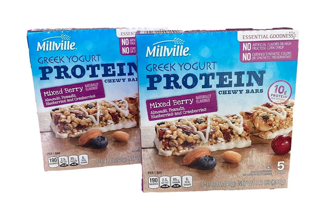 Millville Greek Yogurt Naturally Flavored Mixed Berry with Almonds, Cranberries, Blueberries, Peanuts Protein Chewy Bars - 10 Ct.