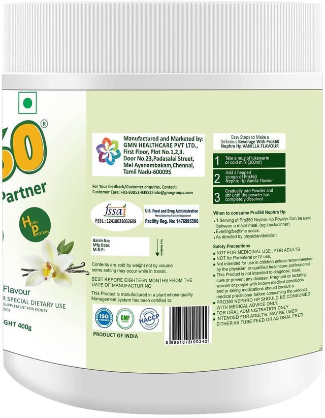 Pro360 Nephro HP - Dialysis Care Nutritional Protein Drink (Vanilla Flavour) No Added Sugar, Special Dietary Supplement for Kidney/Renal Health, 400 Gm