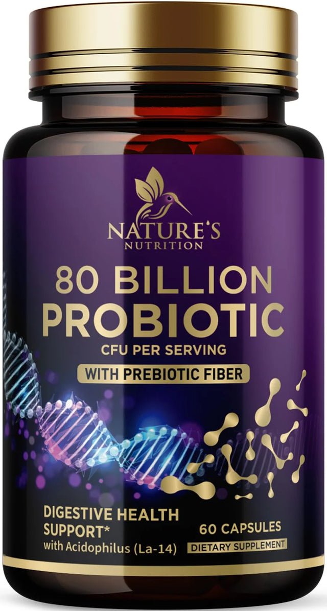 Nature'S Probiotics 80 Billion CFU + Prebiotics, Acidophilus Probiotic Supports Immune System & Digestive Health, Supports Occasional Constipation, Supplement for Women Feminine Health - 60 Capsules