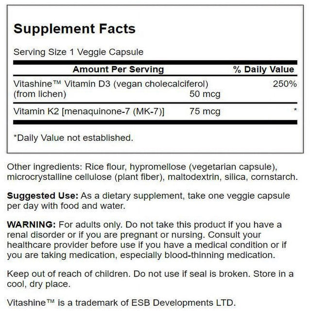 Swanson Vitamins D3 & K2 - 2,000 Iu & 75 Mcg 60 Veg Caps 4 Pack