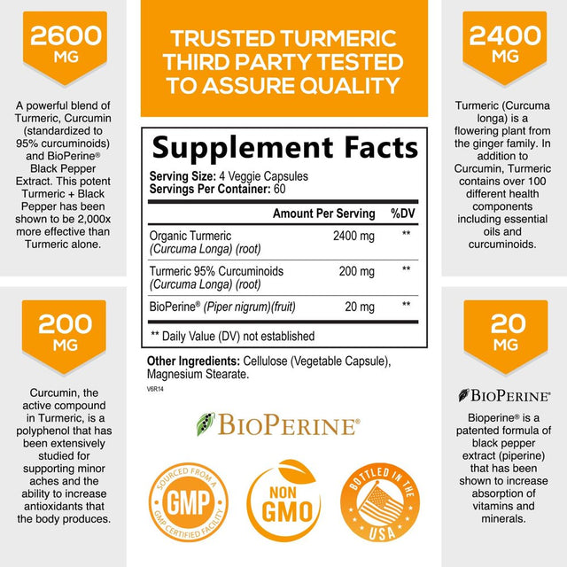 Turmeric Curcumin with Bioperine 95% Standardized Curcuminoids 2600Mg - Black Pepper for Max Absorption, Vegan Joint Support, Nature'S Tumeric Extract, Herbal Supplement, Non-Gmo - 240 Capsules