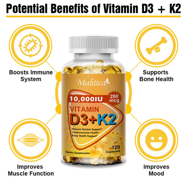 Mulittea Vitamins D3 with K2 Supplement, 10000 IU Extra Strength, Support Bone & Joint Health, Increase Immunity, 120 Capsules