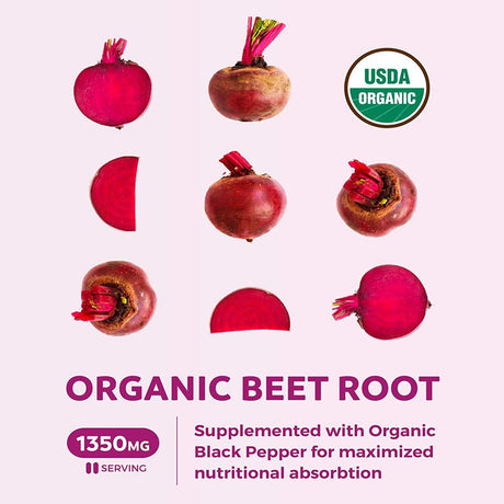 Healths Harmony Organic Beet Root Powder (120 Tablets) 1350Mg Beets per Serving with Black Pepper for Extra Absorption - Nitrate Supplement for Circulation, Heart Health - No Capsules