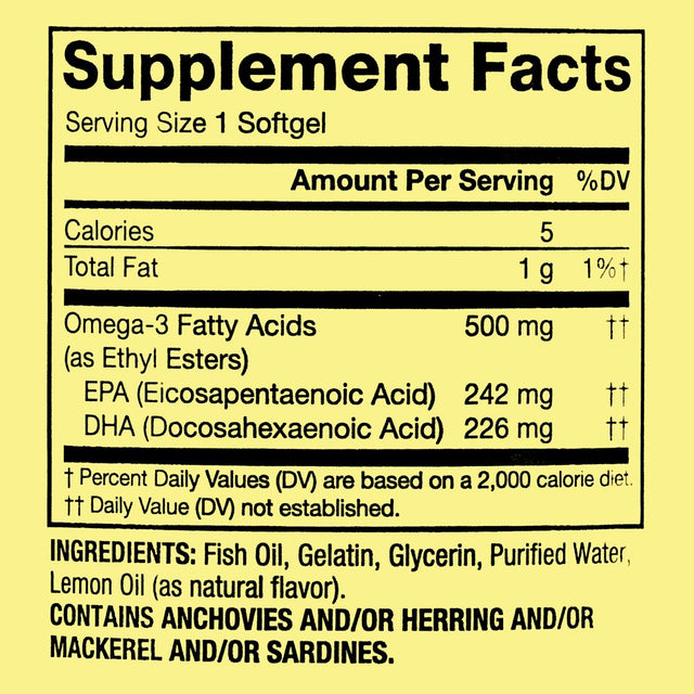 Spring Valley Omega-3 Fish Oil Softgels, Lemon, 500 Mg, 120 Count