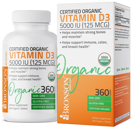 Bronson Vitamin D3 5000 IU Bone Health and Immune Support, USDA Certified Organic, Non-Gmo Gluten Free, 360 Tablets