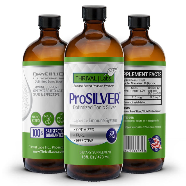 Prosilver Ionic Silver Liquid, Optimized 20 PPM Bio-Active Liquid Silver for Immune Support, Maximum Absorption Ionic Silver in Dark Glass Bottle with Dropper, 96 Servings, 16Oz - Thrival Labs