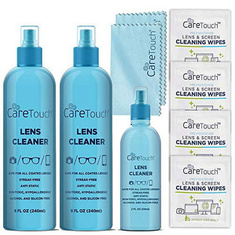 Care Touch Alcohol-Free Lens Cleaner Kit - (2) 8 Oz Spray Bottles, (1) 2 Oz Travel Spray Bottle, (6) Individually-Wrapped Wipes, (2) Microfiber Cloths | Safe for Coated Lenses, Eyeglasses, Screens