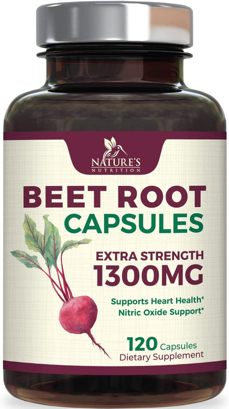 Beet Root Capsules - 1300Mg Extra Strength, Natural Beetroot Powder Extract - Nitric Oxide Supports Heart Health, Endurance & Energy - Vegan Herbal Extract Supplement - Nongmo - 120 Capsules