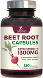 Beet Root Capsules - 1300Mg Extra Strength, Natural Beetroot Powder Extract - Nitric Oxide Supports Heart Health, Endurance & Energy - Vegan Herbal Extract Supplement - Nongmo - 120 Capsules