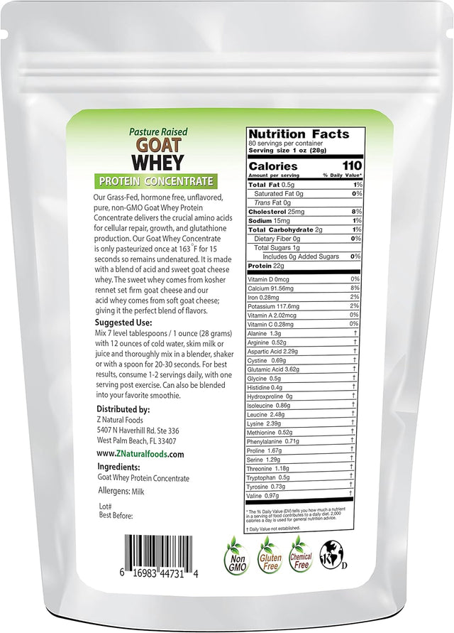 Z Natural Foods Goat Whey Protein Powder, 100% Pure & Unflavoured, High in BCAA, Immunity Booster, Great in Coffee, Smoothies & Pre Workout Shakes, Kosher Certified, Non-Gmo, 5 Lb