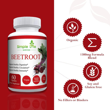 Organic Beet Root Powder Capsules - Nitric Oxide Booster for Men & Women - Organic Non-Gmo Gluten Free Vegan Beets - 60CT