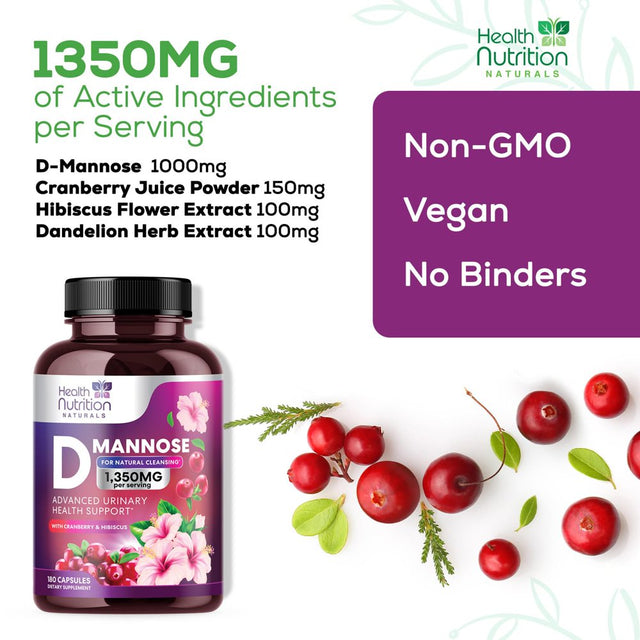 D-Mannose & Cranberry Extract 1350Mg, Fast-Acting to Support Natural Urinary Tract Health for Women & Men, Non-Gmo & Vegan, Flush Impurities in Urinary Tract & Bladder - 180 Capsules