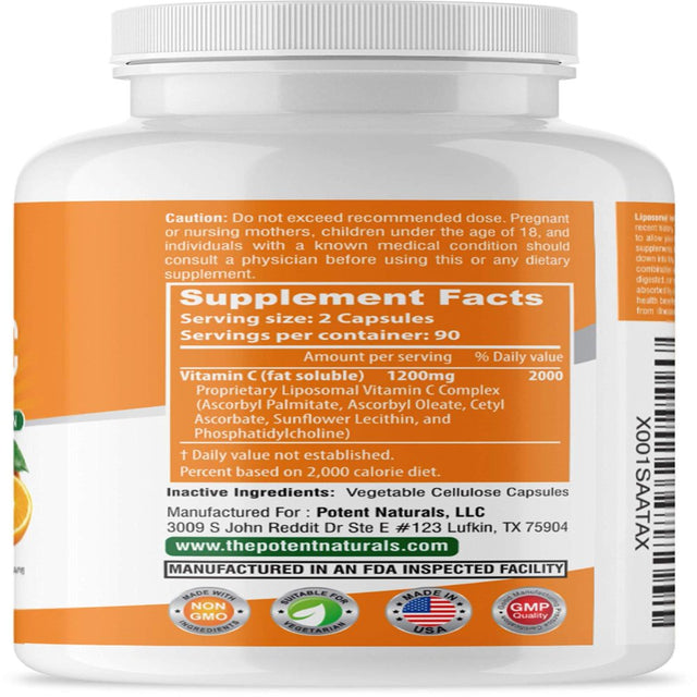 Liposomal Vitamin C 1200Mg - 180 Capsules - High Absorption, Fat Soluble Vitamin C, Supports Immune System, Powerful Antioxidant - Collagen Booster, anti Aging Skin Supplement, Lypo Spheric, Vegan