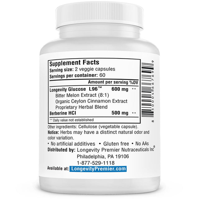 Longevity Glucose Formula - Supports Glucose Metabolism. - Berberine, Bitter Melon, Cinnamon and More.