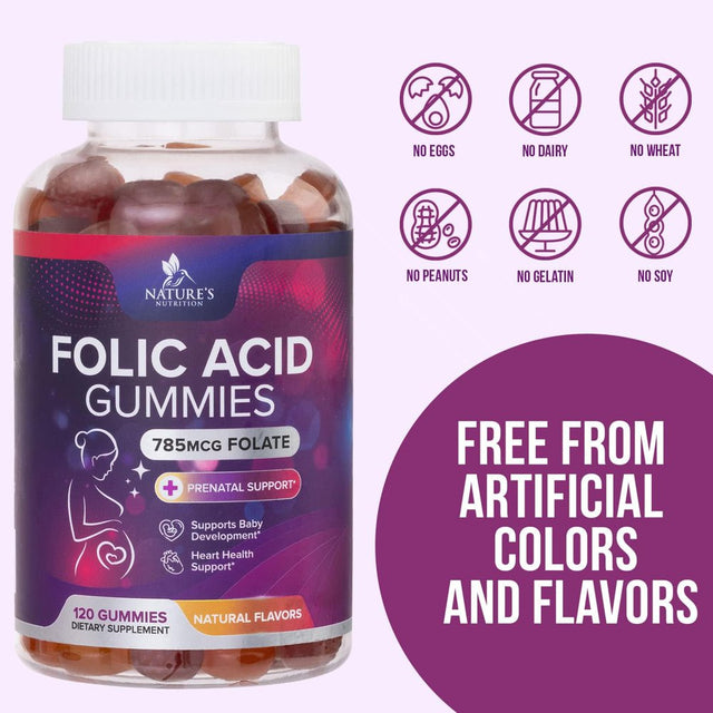 Folic Acid Gummies for Women 785 Mcg, Essential Prenatal Vitamins for Mom & Baby, Vegan Folic Acid Supplement Gummy, B9 Chewable Extra Strength Folate for before during after Pregnancy - 120 Gummies