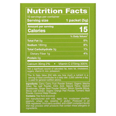 Matcha + Vitamin C Powder by California Gold Nutrition - Superfood Drink Mix with Green Tea, Camu Camu, Ginger, Turmeric, & Vitamin C - Gluten Free, Non-Gmo - 10 Packets - Citrus Ginger Flavor