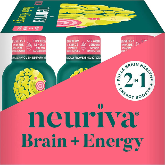 NEURIVA Brain + Energy Shots, Nootropic Brain Supplement for Focus & Concentration with Neurofactor, Vitamin B12 & 150Mg Caffeine for an Energy Boost - (12 Count), Strawberry Lemonade