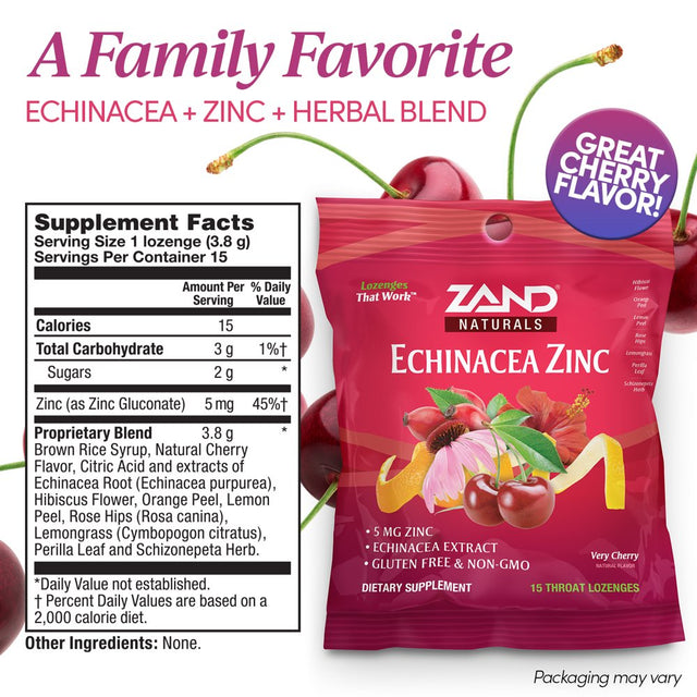 Zand Immunity Cherry Echinacea Zinc Herbalozenge Throat Drops | No Corn Syrup or Cane Sugar (3 Bags, 15 Lozenges)