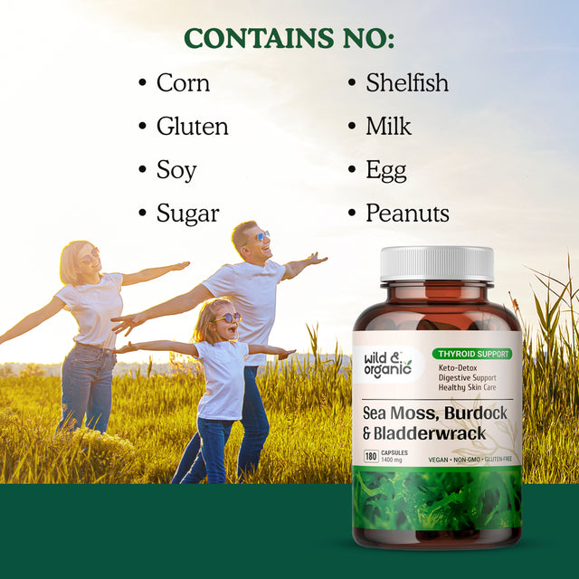 Wild & Organic Sea Moss 180 Capsules for Thyroid & Digestive Health W/ Irish Moss, Burdock Root & Bladderwrack