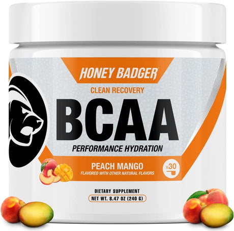 Honey Badger BCAA + EAA Amino Acids Electrolytes Powder, Bcaas + L-Glutamine, Keto, Vegan, Sugar Free for Men & Women, Hydration & Post Workout Muscle Recovery Drink Mix, Peach Mango, 30 Servings