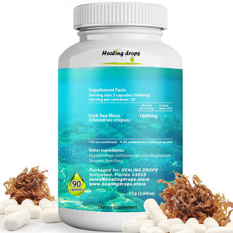 Irish Sea Moss 1600Mg – Raw Organic Sea Moss Gel Powder 120 Capsules – Keto Alkaline Non-Gmo Diet - Thyroid Joints Gut Skin Support by Healing Drops