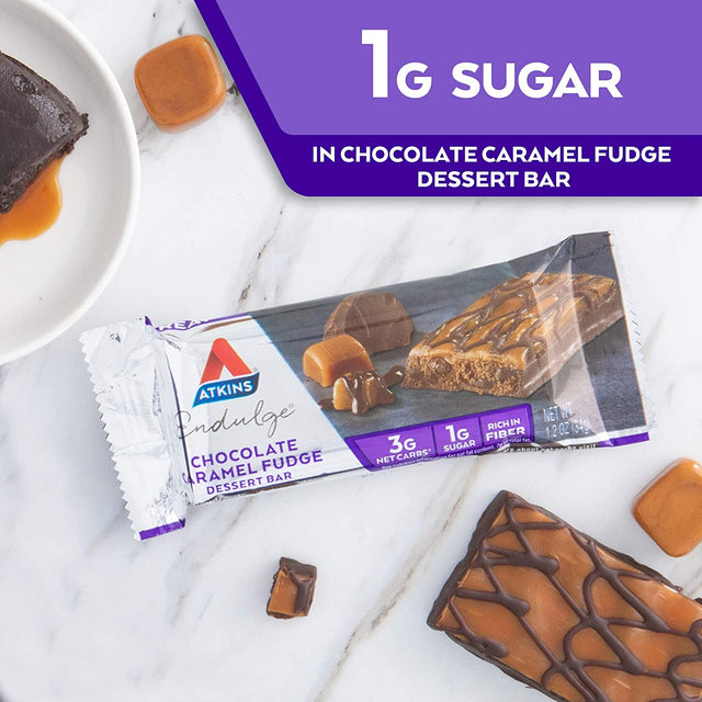 Atkins Endulge Chocolate Caramel Fudge Dessert Bar, Protein Snack, High in Fiber, 1G Sugar, Keto Friendly, 5 Count