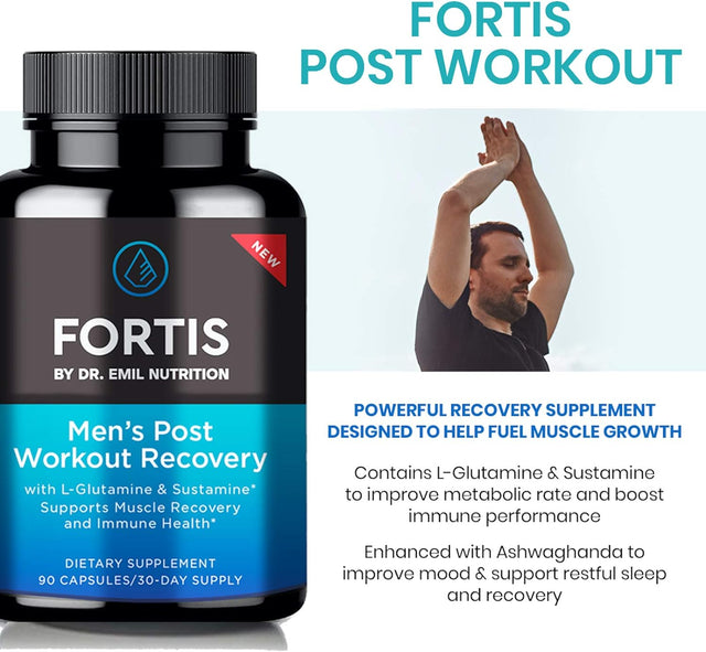 DR EMIL NUTRITION Fortis Post-Workout Recovery Capsule for Men with L-Glutamine and Sustamine to Support Muscle Recovery & Immune Health, 30 Servings