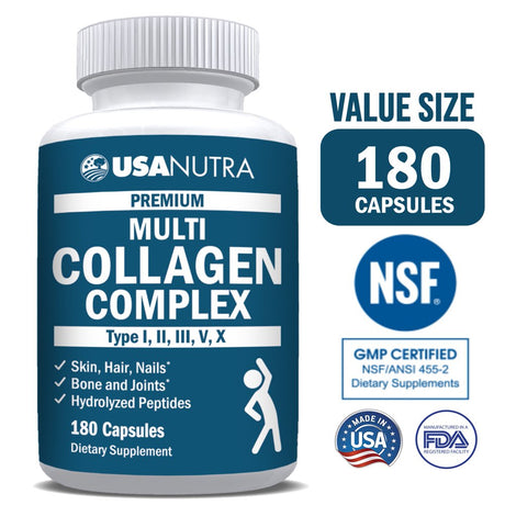 Multi Collagen Capsules 180 Ct for Skin Hair Nails Joints Made in the USA