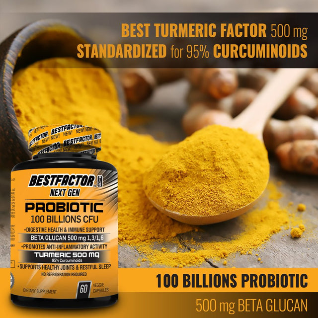 BESTFACTOR plus NEXT GEN - IMMUNE SYSTEM BOOSTER PROBIOTICS SUPPLEMENT for WOMEN & MEN with 100 BILLIONS CFU, TURMERIC 95% 500 MG & BETA GLUCAN 500 MG - DIGESTIVE HEALTH - JOINTS