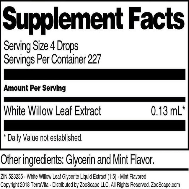 Terravita White Willow Leaf Glycerite Liquid Extract (1:5) - Mint Flavored, (Mint, 1 Oz, 1-Pack, Zin: 523235)