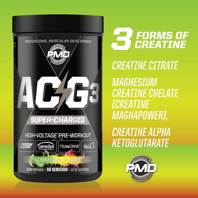 PMD Sports ACG3 Supercharged - Pre Workout - Powerful Strength, High Energy, Maximize Mental Focus, Endurance and Optimum Workout Performance for Men and Women - Gummy Bear Blast (60 Servings)