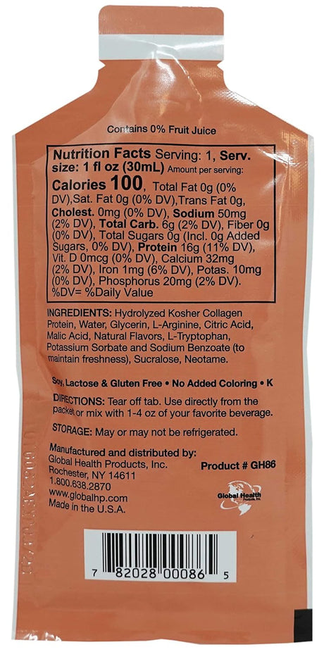 Liquacel Liquid Protein 16G Peach Mango Collagen Whey Arginine per 1Oz Serving 10 Packets