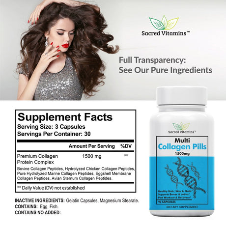 Premium Collagen Capsules (Types I, II, III, V, X) for Hair Skin Nails Support, anti Aging, Joint Support, and Bone Health - Complete Collagen Peptides for Men and Women - 90 Dietary Capsules