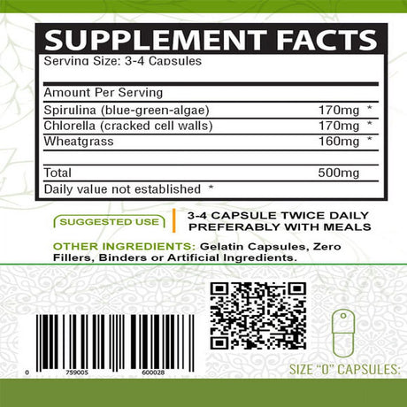 PURE ORGANIC SPIRULINA + CHLORELLA + WHEATGRASS EXTRACT CAPSULES (500Mg)